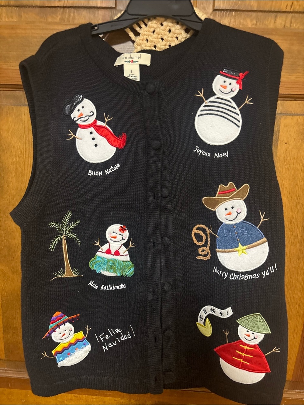 Vintage  Black Holiday Snowman Embroidered Sweater Vest